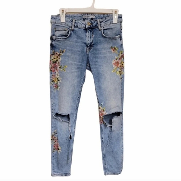 ZARA Z1975 Floral print Denim Distressed jeans - Picture 1 of 6